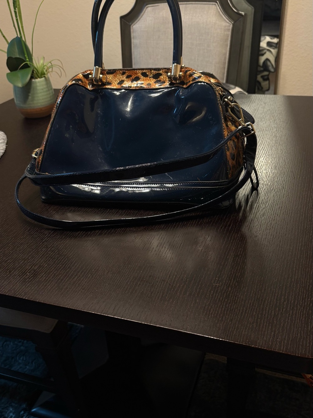 Patent Navy Satchel with Leopard Trim - Women's Satchel